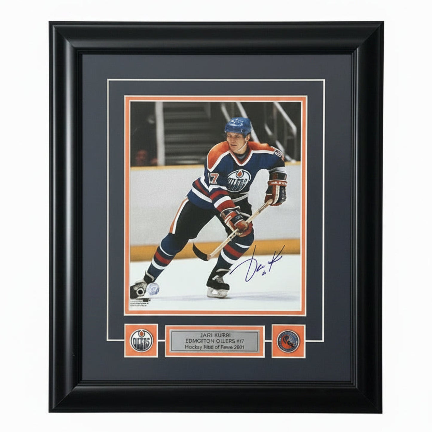 Photo encadrée autographiée Oilers d’Edmonton – Jari Kurri #17 (Hockey Hall of Fame 2001)