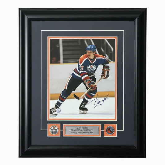 Photo encadrée autographiée Oilers d’Edmonton – Jari Kurri #17 (Hockey Hall of Fame 2001)