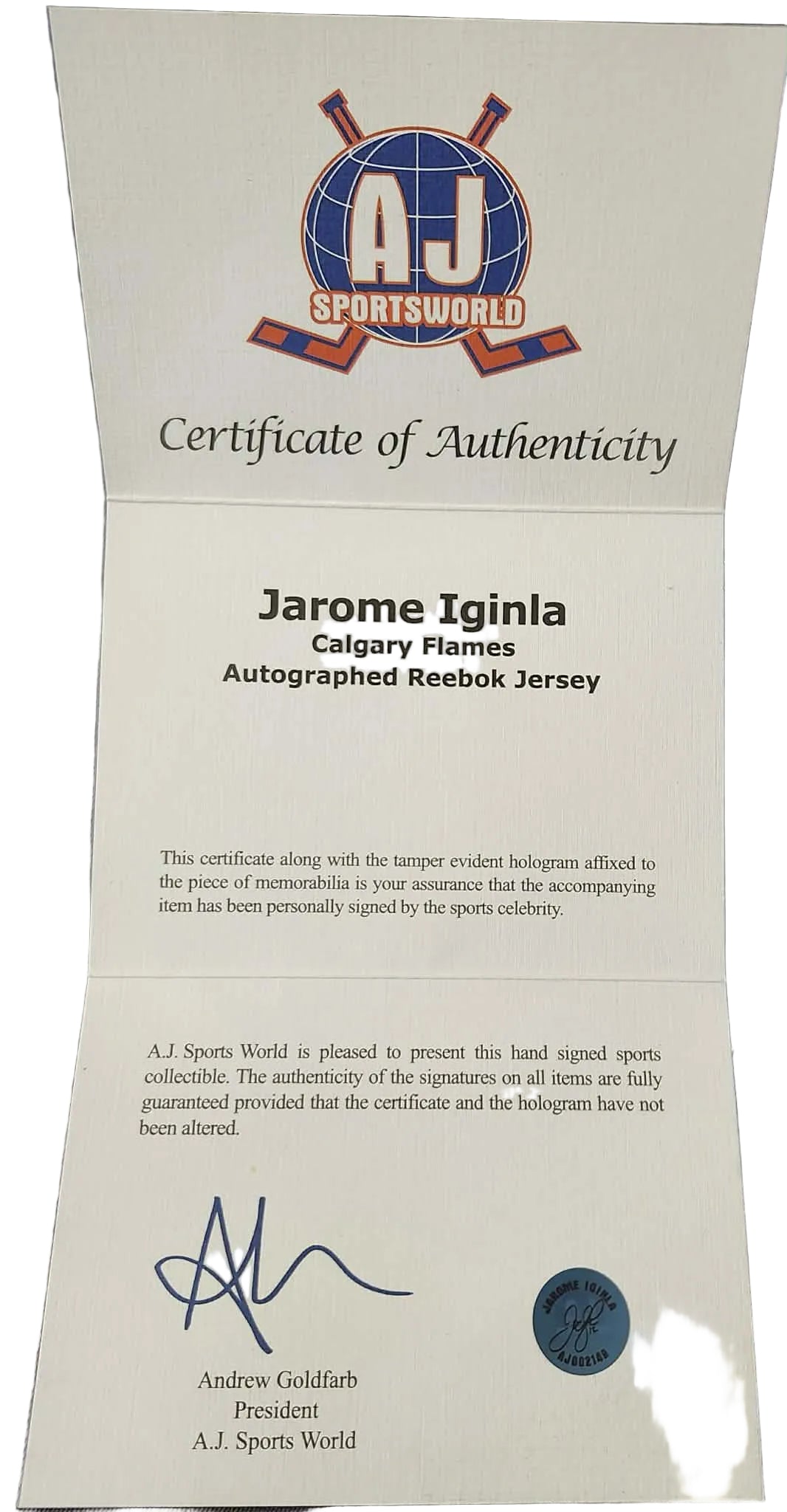 Chandail autographié Jarome Iginla #12 Calgary Flames – mémorabilia LNH réplique Reebok certifié authentique | ESPACE B.R